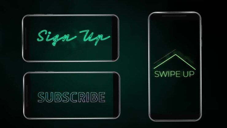 Animation of words Sign Up Swipe Up and Subscribe flickering on screens of smartphones