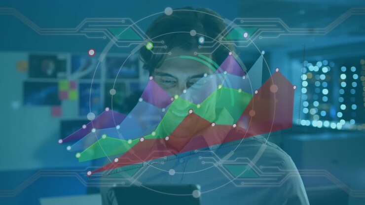 Animation of businessman using a digital tablet in an office with statistics recording.