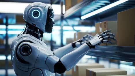 a futuristic robot organizing packages on shelving units in a high-tech warehouse, showcasing advanced automation and human-machine collaboration in logistics and storage