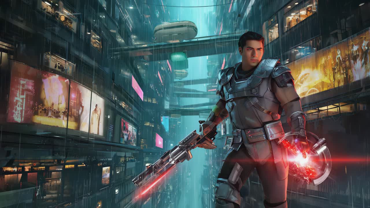 A man in armor stands in a futuristic cyberpunk city