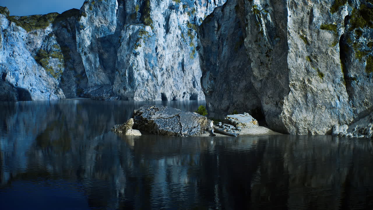 Serene landscape with rocky cliffs reflecting in still water at twilight