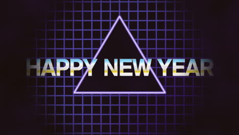 feliz año nuevo texto retro con triángulo de neón y cuadrícula en galaxia oscura