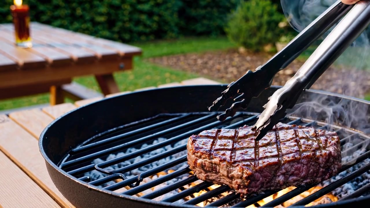 Saporita bistecca che griglia su un barbecue rovente in un giardino.
