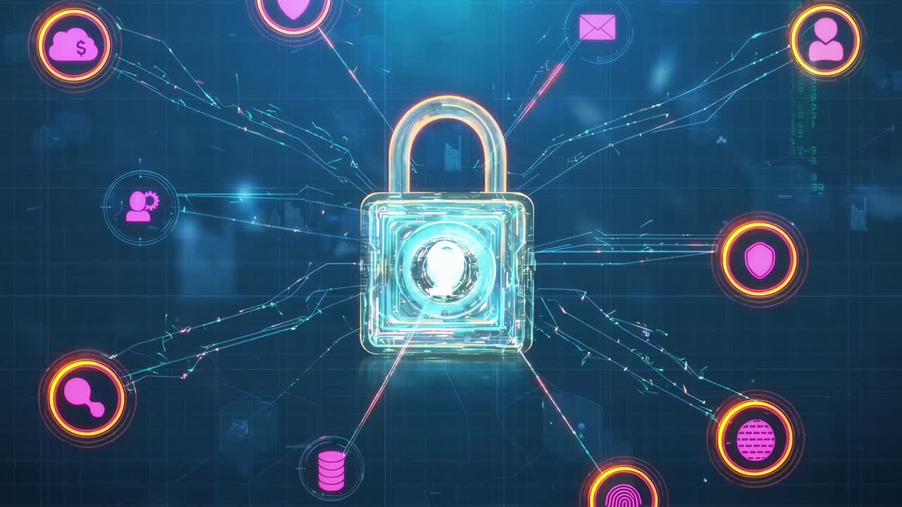 Digital Security Network with Padlock and Data Icons