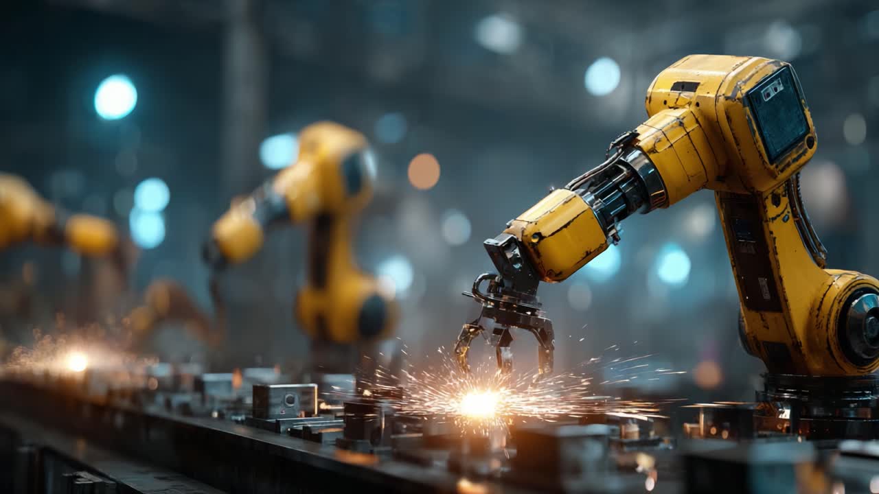 Automated Manufacturing: Robotic Arms Operate in a Dynamic Industrial Environment, Demonstrating Precision and Efficiency in Metal Fabrication and Welding Processes