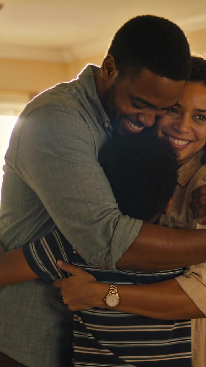 Vertical video: Leaning dad wrapping son and mom at home, comforting child, with denim and stripes