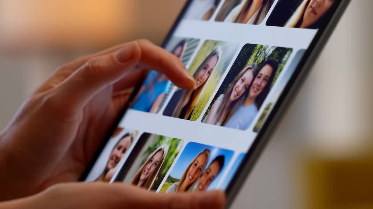 Touching Tablet Photo Gallery Showing Portraits Young Woman User Scrolls Through Family Friend Portraits