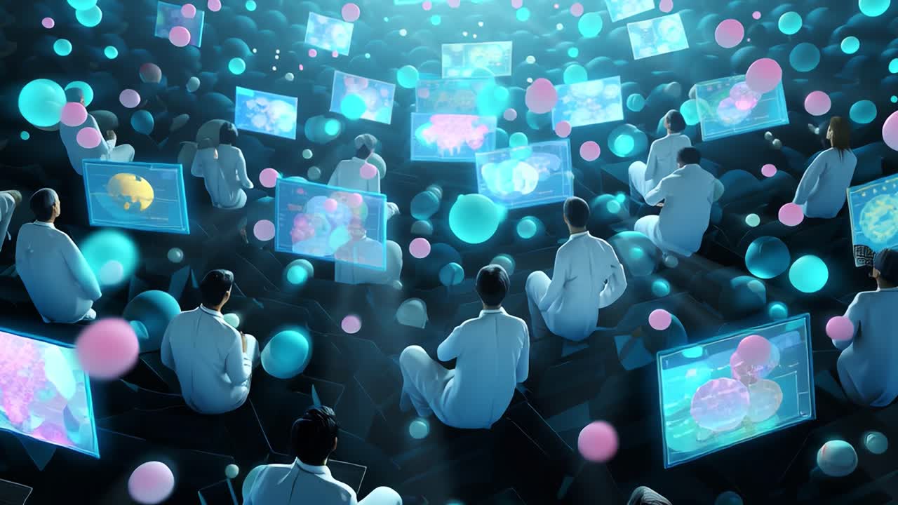A Futuristic Visualization of Interactive Data Analytics: Scientists Engaged with Digital Interfaces Surrounded by Floating Spheres, Representing a New Realm of Information Exploration