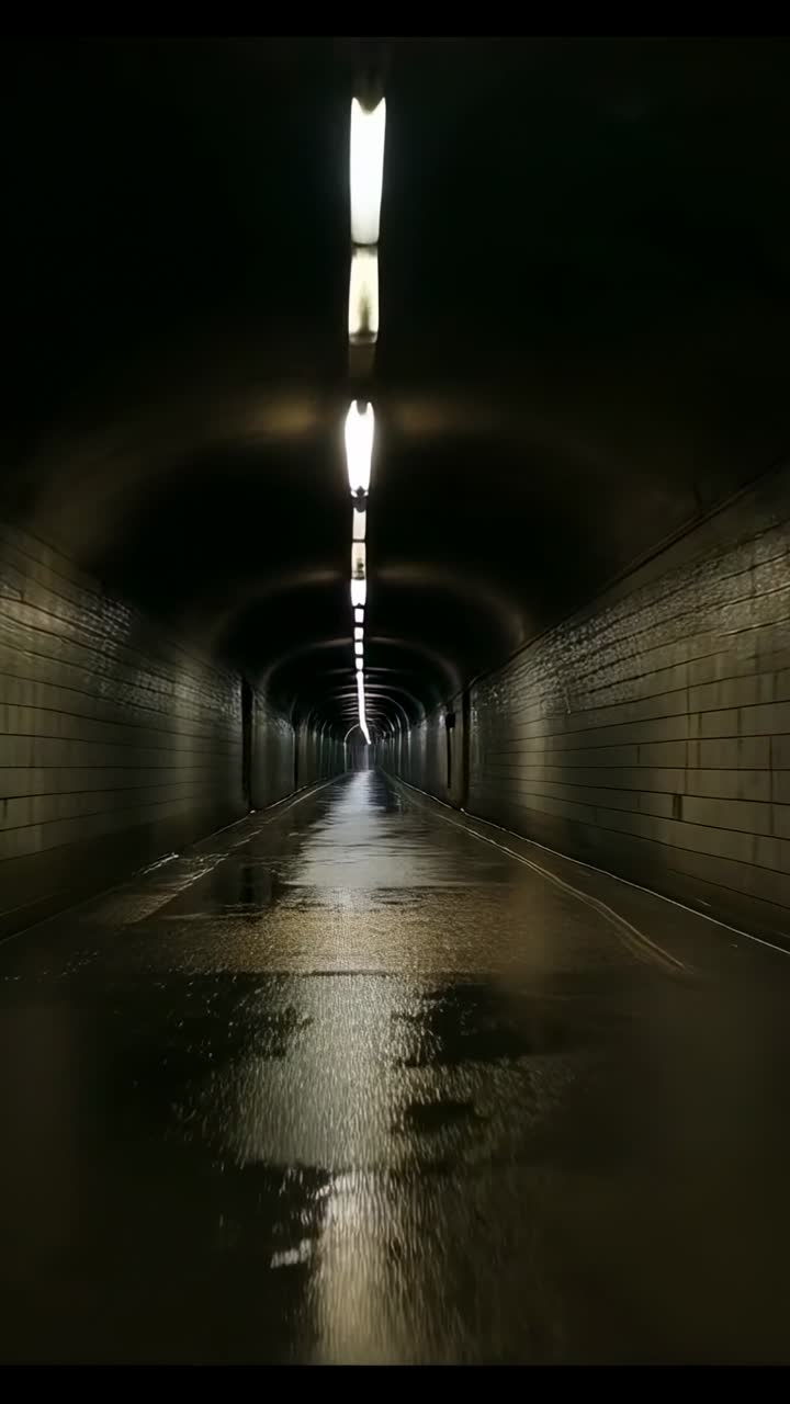 Video verticale: partendo dall'entrata, la camera si muove lungo il tunnel, le luci si riflettono sul pavimento bagnato