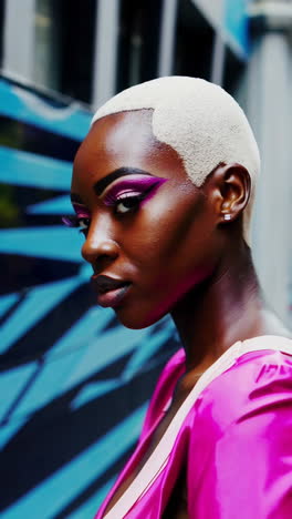 striking portrait of a woman with bold pink eye makeup and platinum blonde hair