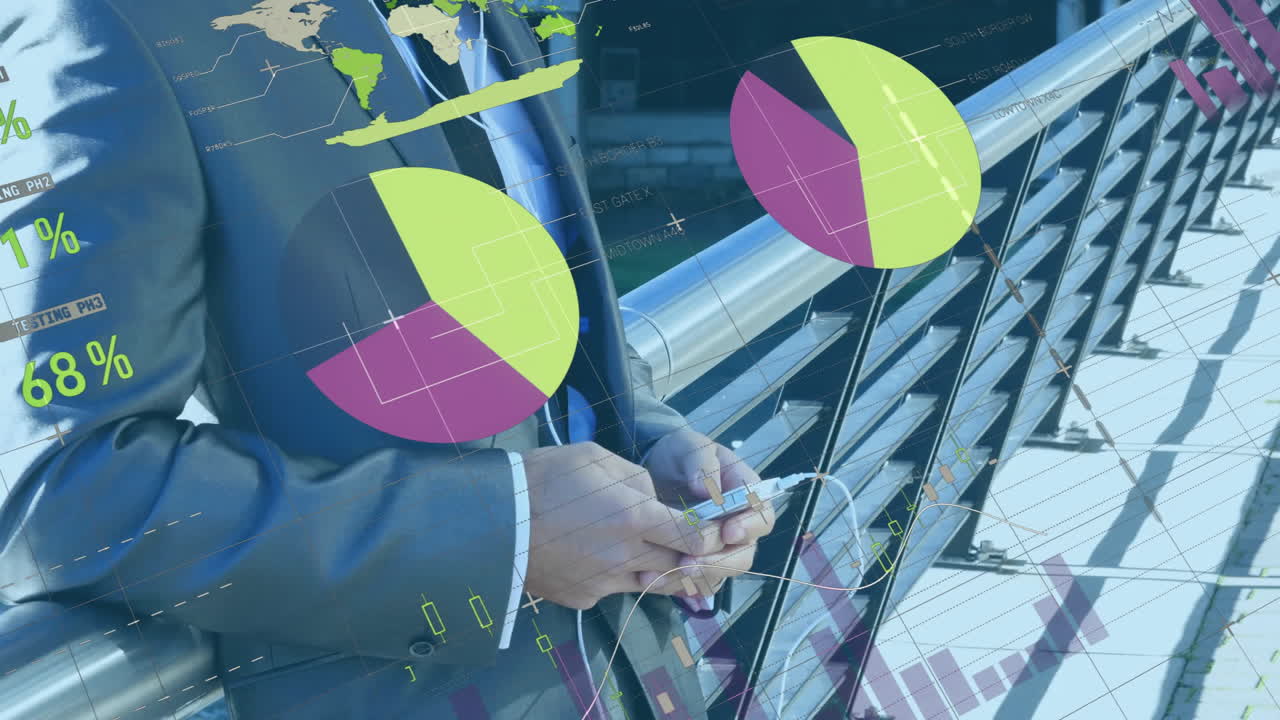 animación del procesamiento de datos financieros sobre un empresario caucásico que usa un teléfono inteligente