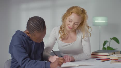 niño en el espectro del tda en casa siendo ayudado o evaluado por una tutora doméstica o una psicóloga educativa 2