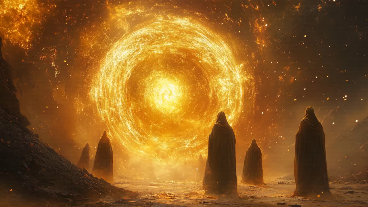 Monks Standing Before a Glowing Portal in a Fiery Landscape