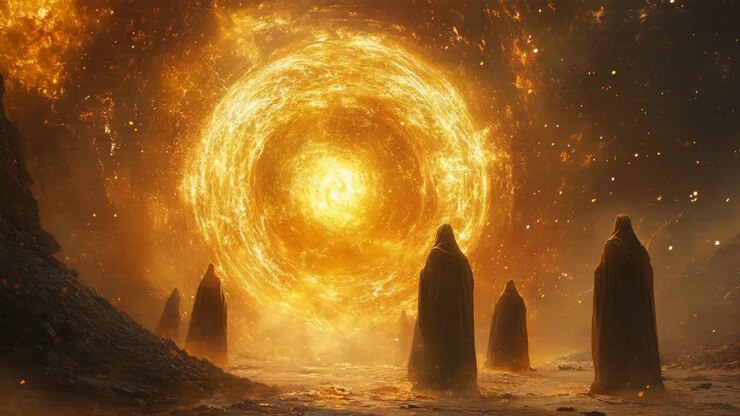 Monaci in piedi davanti a un portale luminoso in un paesaggio infuocato