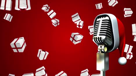 Animation-of-santa-hat-on-vintage-microphone-with-christmas-presents-falling-on-red-background