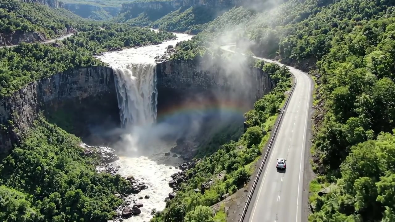 Vista aerea di una cascata mozzafiato che si getta nella lussureggiante valle verde, messa in risalto da un arcobaleno, con una strada panoramica che si snoda lungo il corso d'acqua.