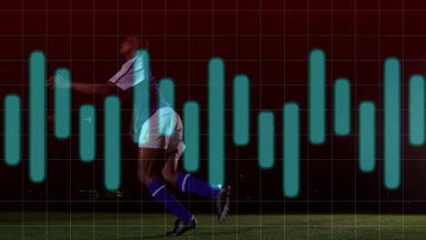 male soccer player sprinting on grass field at night, displaying technology overlays with waveforms