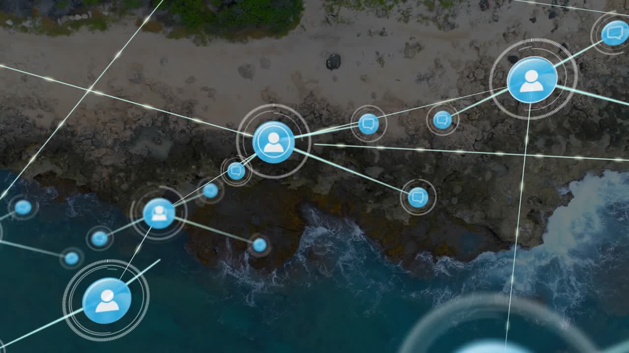 Central user node pulsing and sending lines, network expanding across coastline mapping tech links