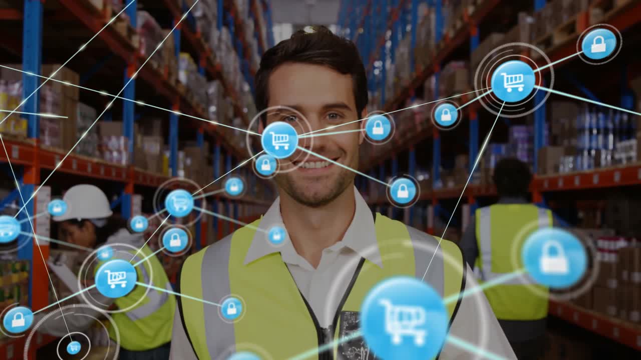 Animazione di una rete di connessioni con icone sovrapposte a diversi lavoratori in magazzino.