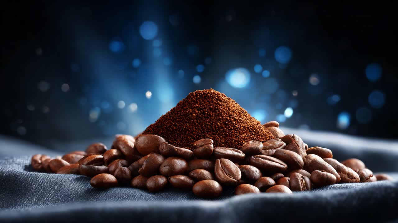 A Captivating Display of Ground Coffee and Roasted Beans Showcasing the Richness and Depth of Coffee's Flavor Profile Against a Soft Blue Background