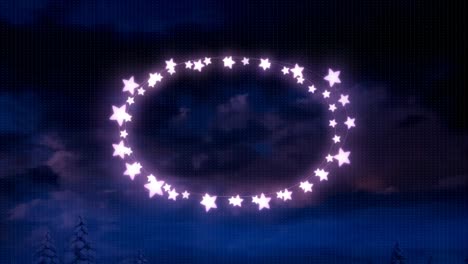 pink star shaped fairy lights over trees on winter landscape against night sky