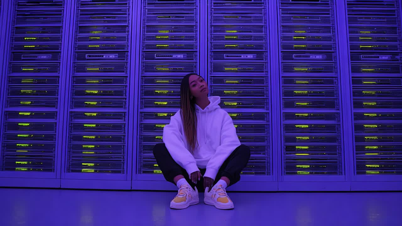 A young woman sits gracefully amid glowing server racks, showcasing a blend of technology and style in a vibrant purple ambiance, highlighting modern aesthetics and individuality