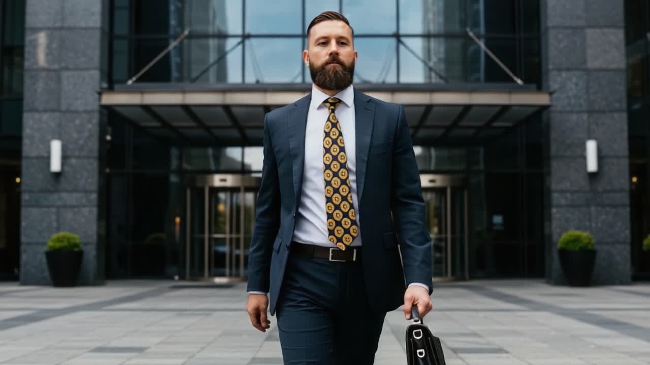 Um profissional confiante caminhando em direção a uma entrada de escritório moderna em traje de negócios e carregando uma pasta, incorporando sucesso e ambição.