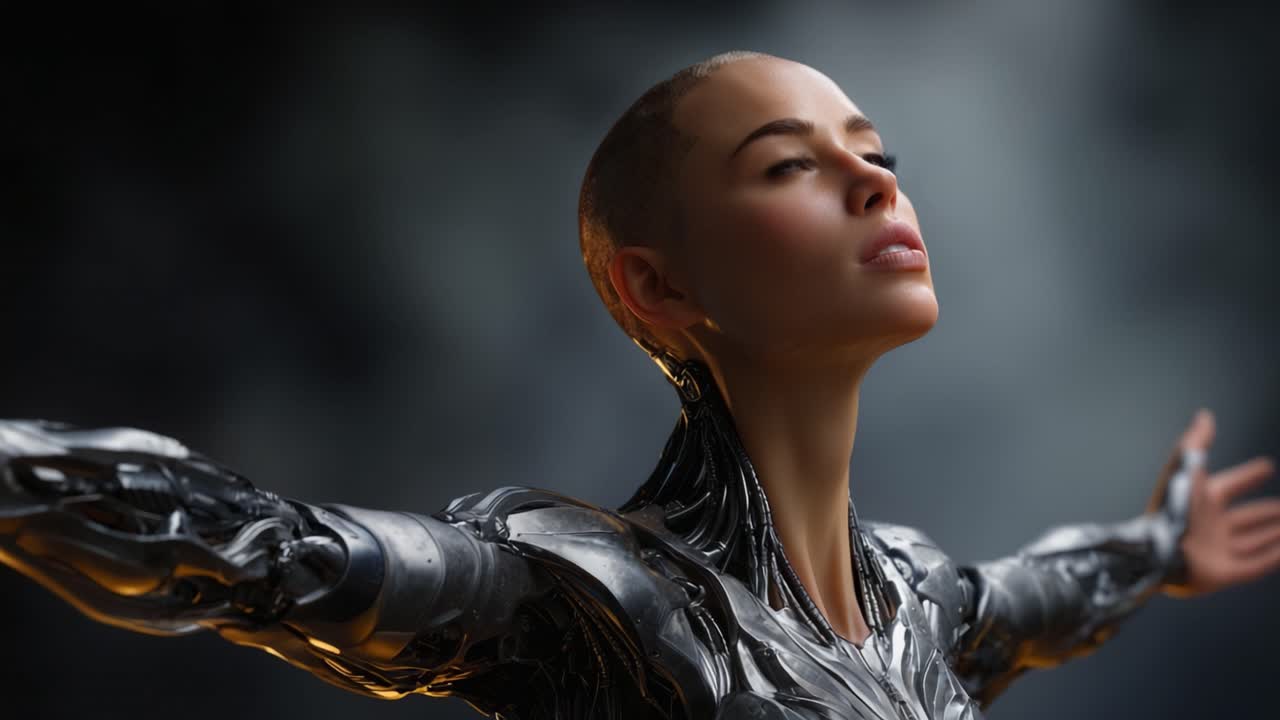 Um robô humanoide futurista com braços metálicos e um rosto expressivo, incorporando um senso de liberdade e esperança em um cenário de iluminação dramática.