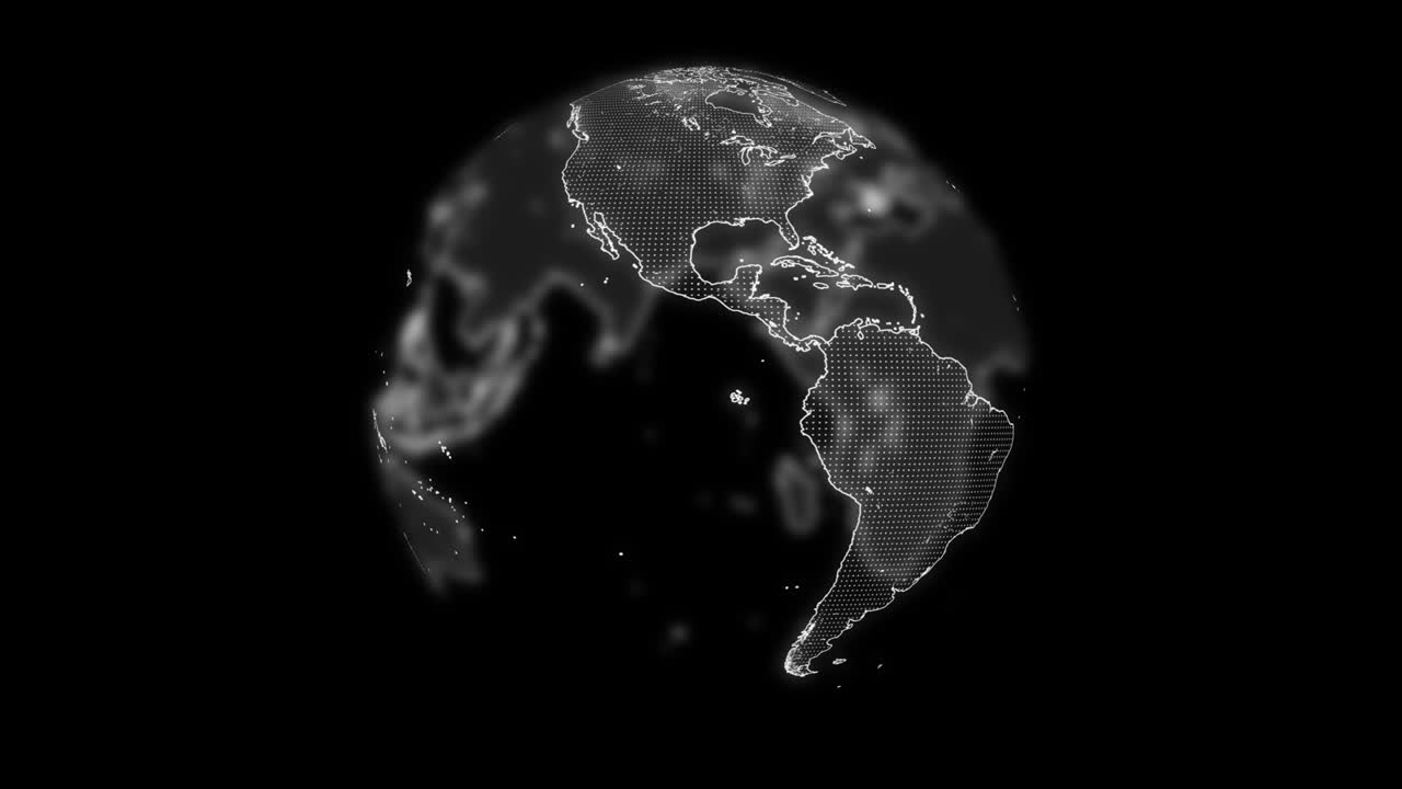 회전하는 투명한 지구 행성, 회색 색조로 빛나는 지구, 어두운 공간에서 빛나는 지구