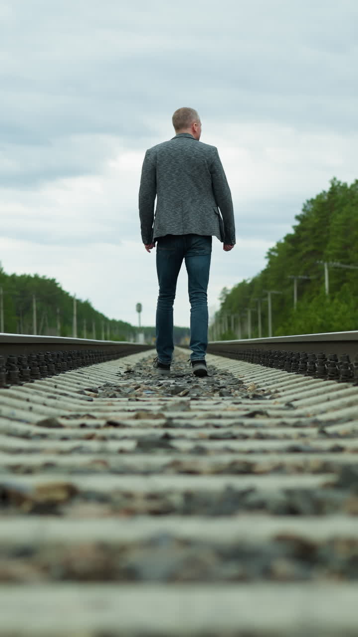 una vista cercana hacia abajo de un hombre con una chaqueta de traje y vaqueros, caminando solo por las vías del ferrocarril rodeado de árboles densos y postes eléctricos