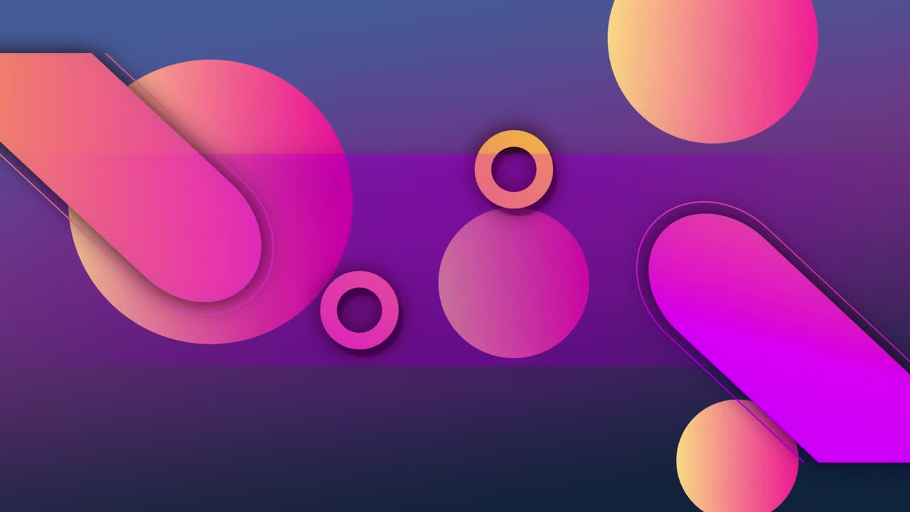 Animation of orange and pink spheres, capsules and rings, on purple background