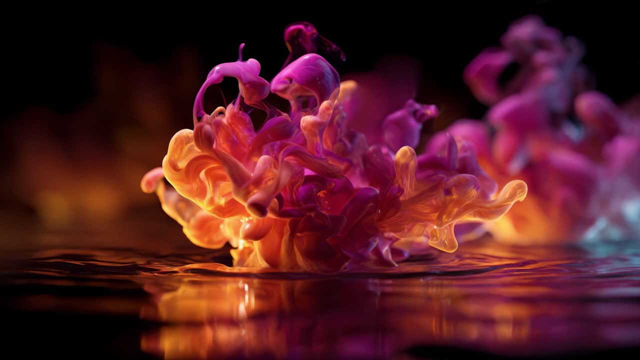 Turbilhões Vibrantes de Tinta e Ondulações Aquáticas: Um Espetáculo Cativante de Dinâmica de Fluidos Coloridos, Criando uma Experiência Visual Artística e Hipnotizante