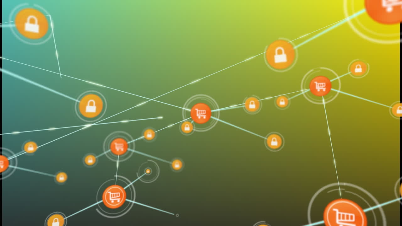 animación de una red de iconos digitales contra un fondo de gradiente amarillo y verde.