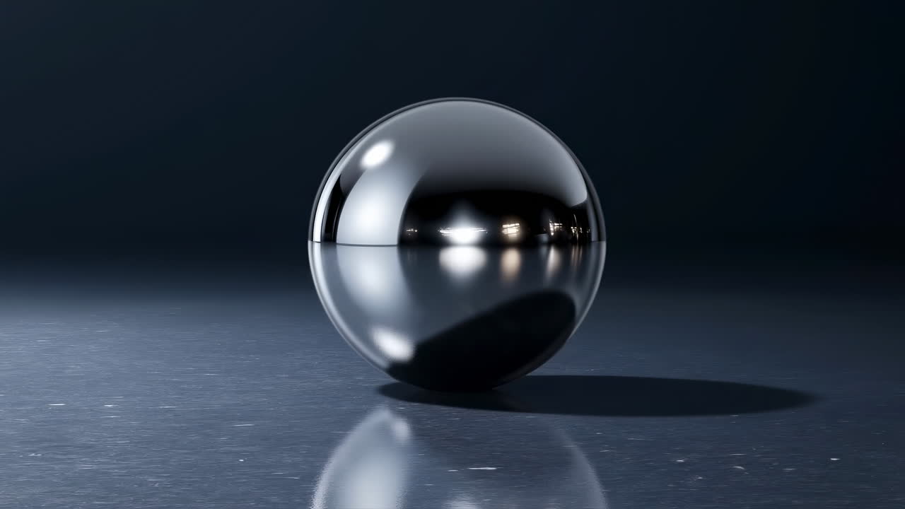 Polished Metal Sphere Sits On Reflective Surface, Studio Lights Produce Crisp Highlights And Deep Shadow,