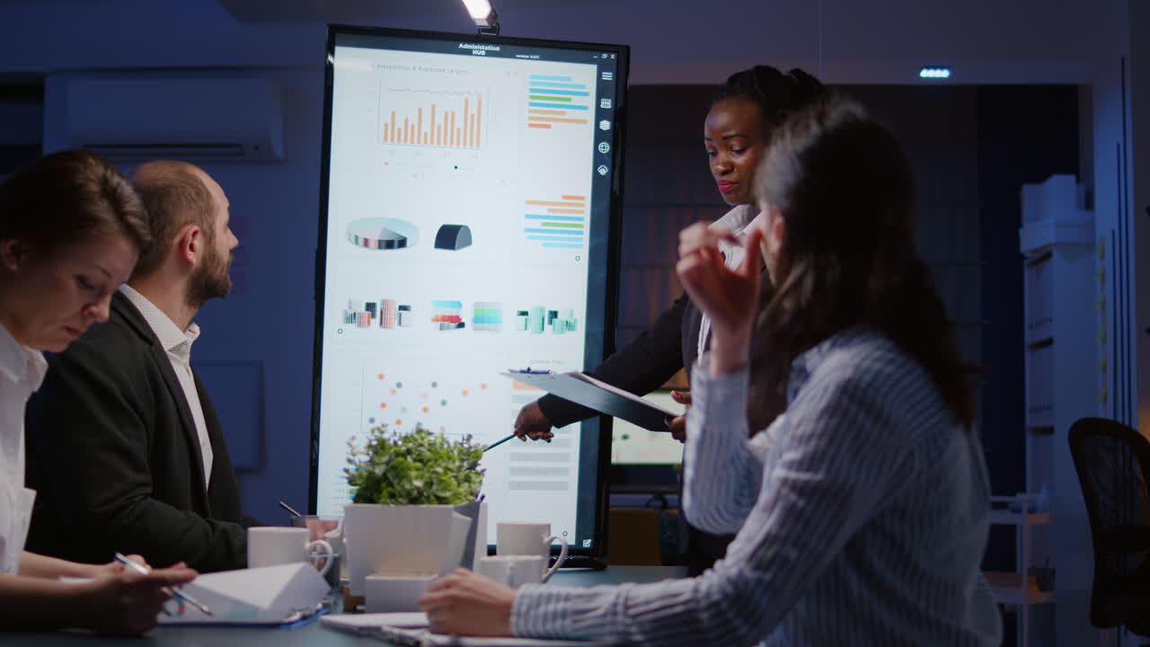 Businesswoman with dark skin explaining financial graphs using presentation monitor