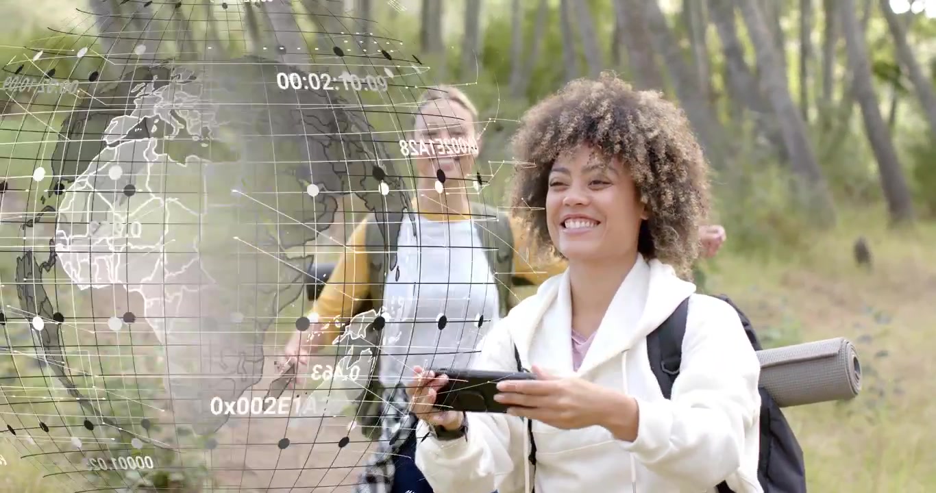 Caminhante de cabelo encaracolado pressionando botões remotos e animando um globo digital giratório para mapeamento tecnológico