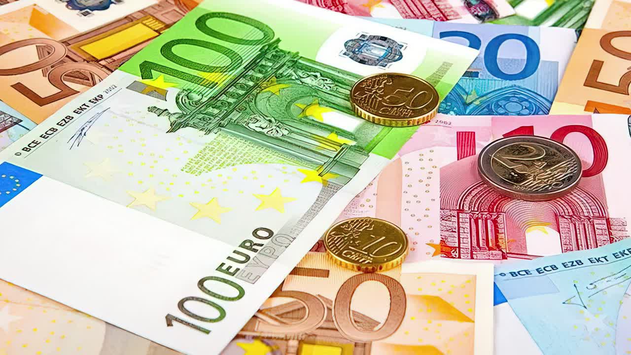 Different types of euro coins and banknotes