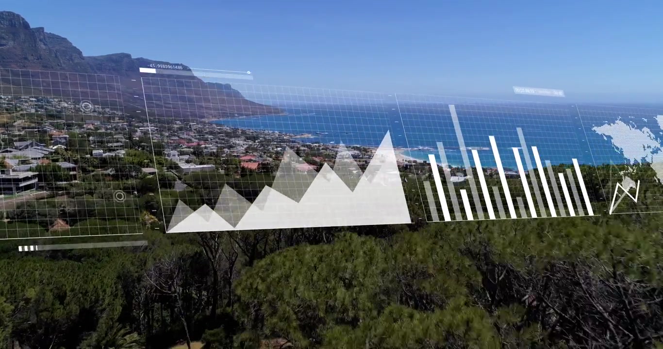 Animación del procesamiento de datos financieros sobre un paisaje