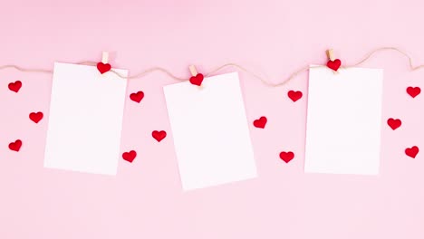 decoración romántica para el día de san valentín con papeles enganchados a una cuerda.