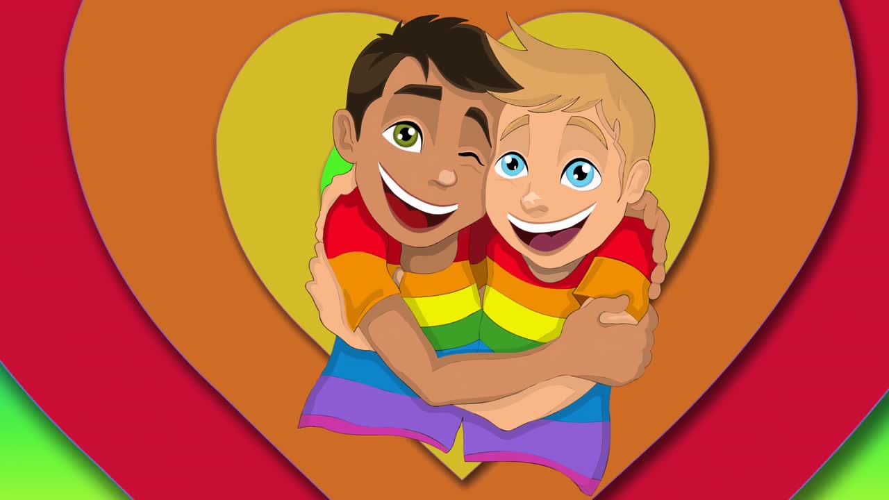 Animazione di coppia maschile gay su sfondo di cuori arcobaleno