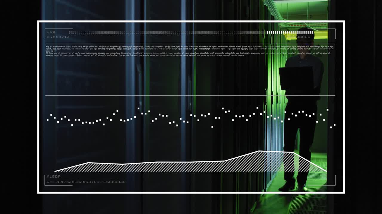 Animation of data processing on computer screen over transparent background
