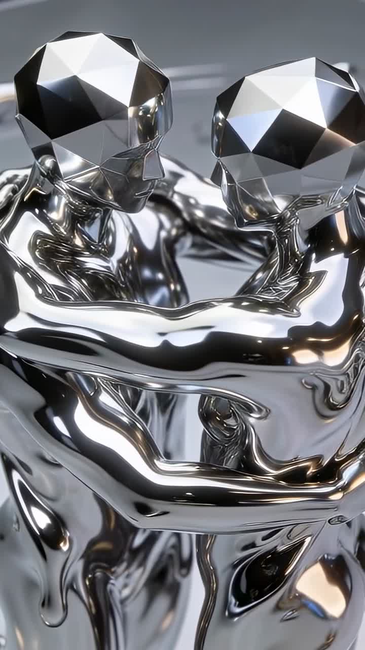 Vertical video: Chrome sculptures embracing, camera panning, lights shifting for design demo