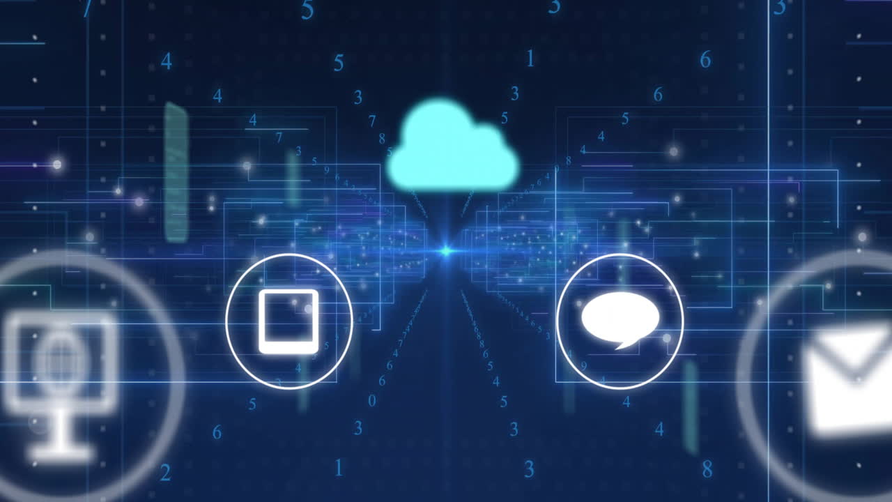 Data flow and communication icons in cloud computing animation on digital background