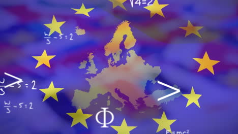 animation of mathematical equations over flag of eu and map