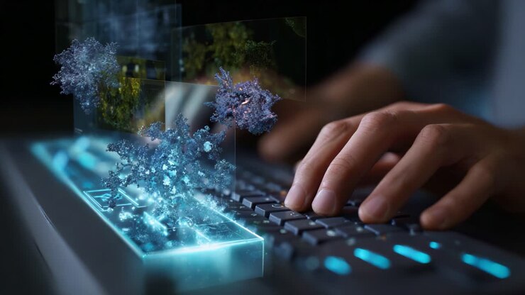 Advanced Technology Interface with Interactive Displays: A Close-Up of Modern Input and 3D Visual Elements, Blending Digital and Physical Realities Seamlessly
