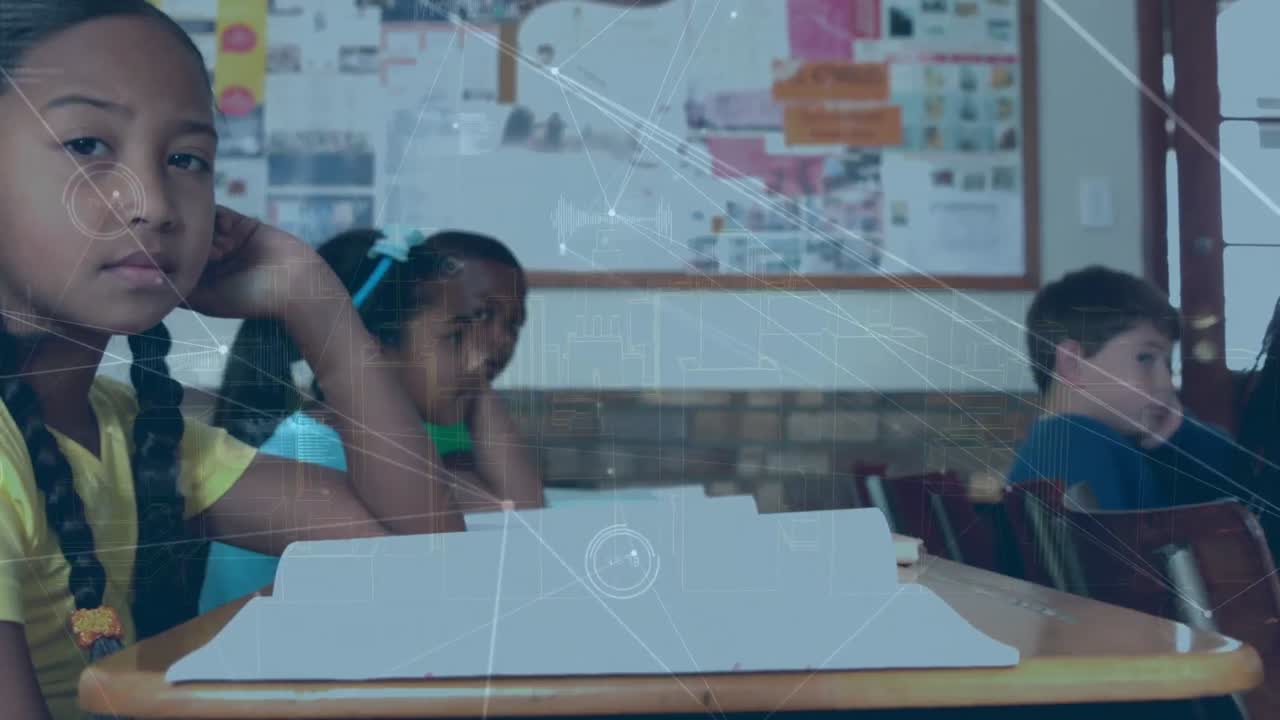 Animation of network of connections over portrait of hispanic girl sitting in the class at school
