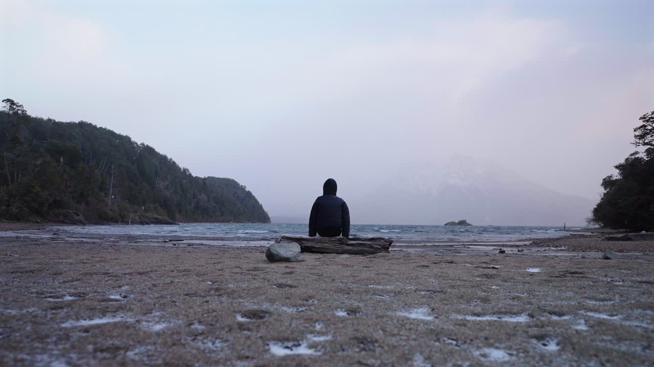 Lonely person sitting on log seeking introspection on empty exotic beach