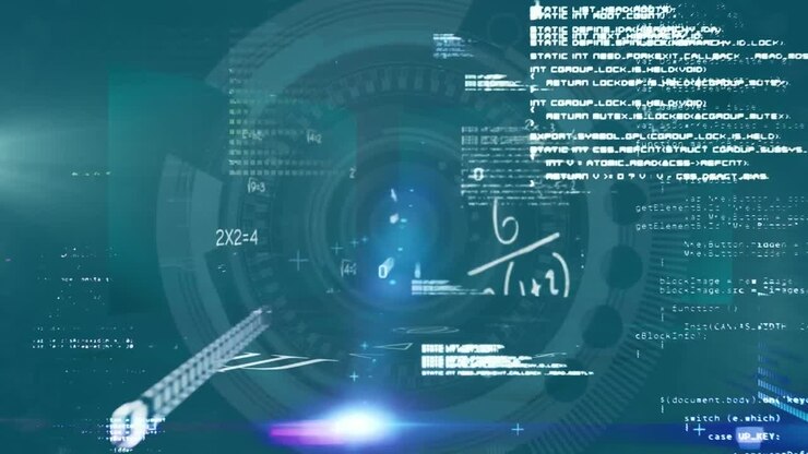 Mathematical equations and data processing against blue background
