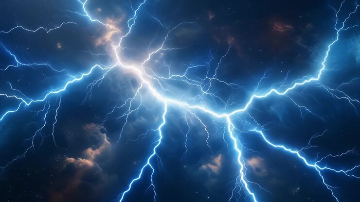 Fulmini intensi che colpiscono attraverso nuvole temporalesche scure
