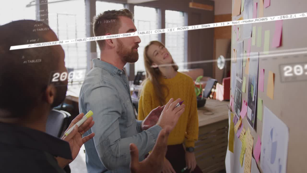 When dark shirt presenting, bearded lead arranging stickies on board for planning timeline overlays